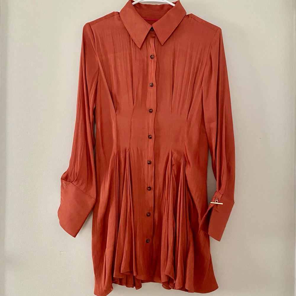 Silk mini dress with long sleeves with gold buckle; burnt orange color.